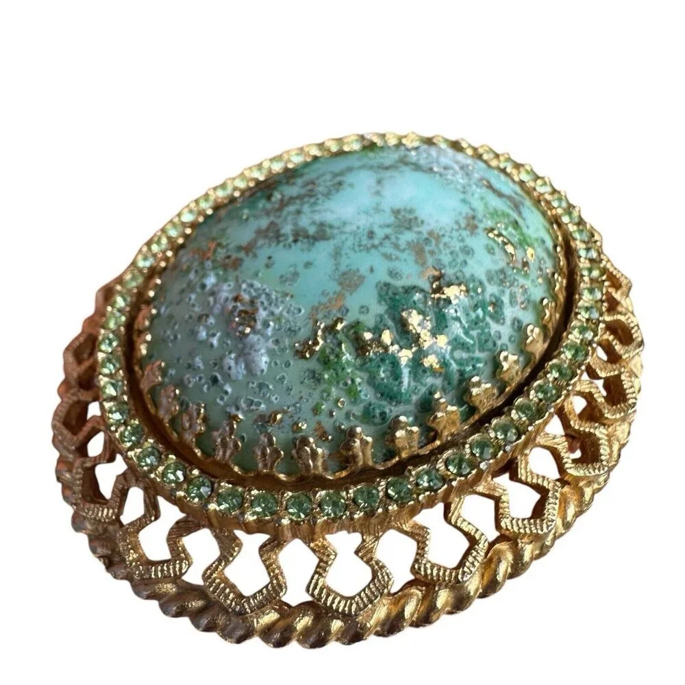 VTG DeNicola‎ Statement Brooch 2.25 Inch Green Easter Egg Cab Rhinestones Gold
